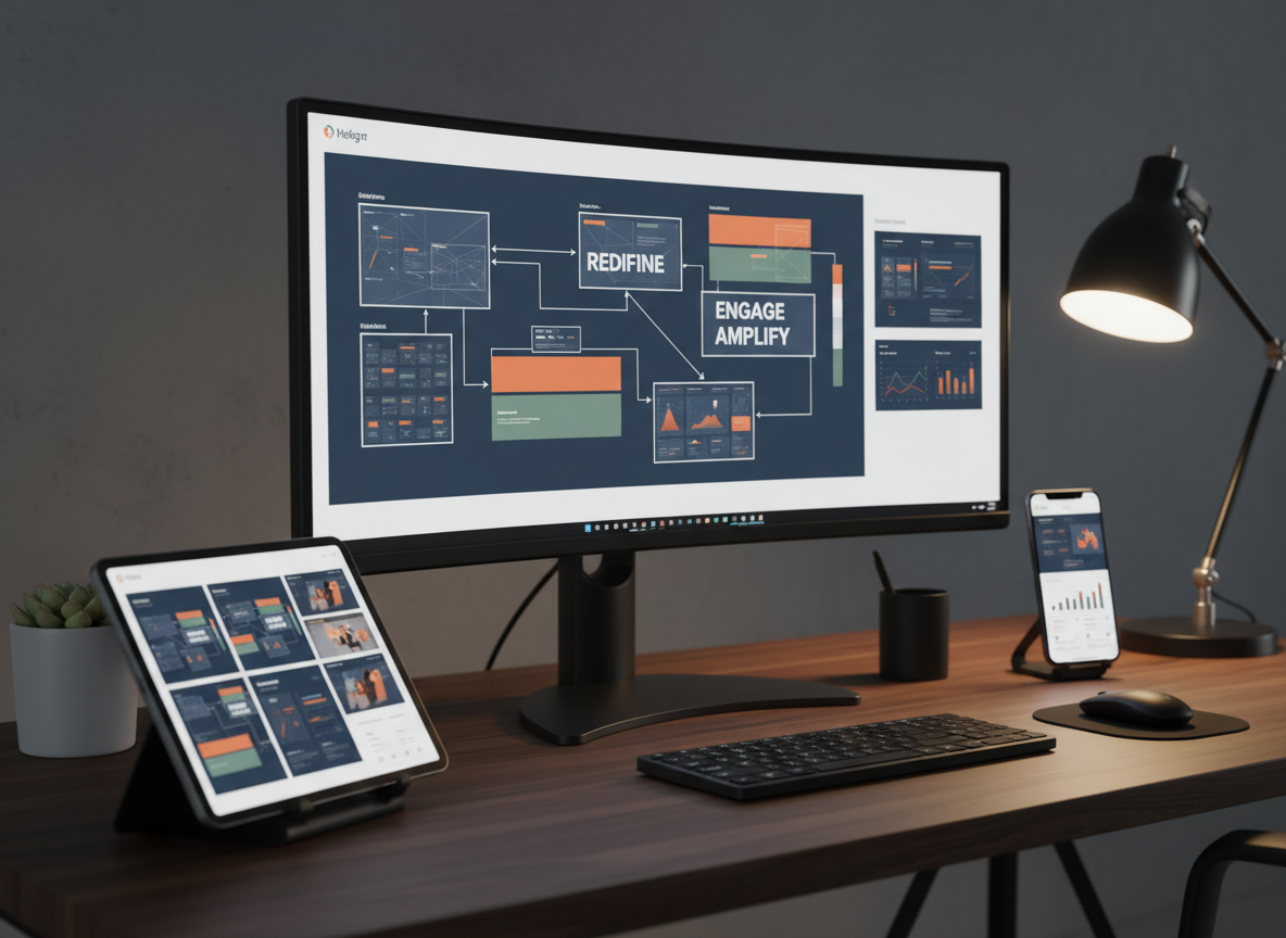 A large, ultra-wide computer monitor dominates a dark walnut desk, its screen filled edge-to-edge with a sophisticated marketing campaign storyboard: wireframes, color palettes, and bold headline explorations connected by clean arrows and annotations. Beside it, a tablet displays social media mockups, while a phone shows an analytics dashboard, all perfectly synchronized in design language. The workspace is framed by matte-black desk accessories and a single, minimalist plant in a white ceramic pot. Subtle, warm desk-lamp lighting contrasts with a cool, soft glow from the monitor, creating a cinematic, high-focus atmosphere. Photographic realism, shot from a slightly angled side view with medium depth of field, conveys meticulous planning, digital craftsmanship, and strategic thinking for a creative portfolio site.
