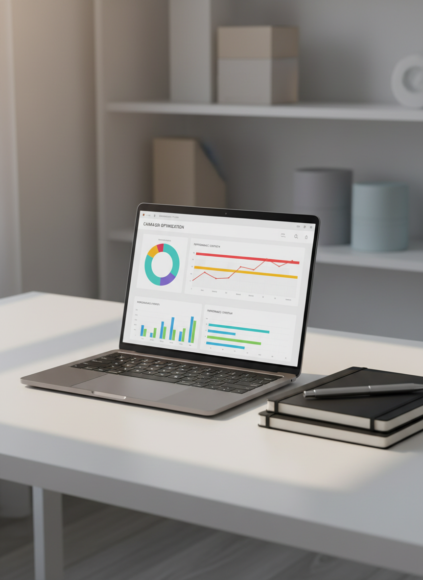 A sleek, charcoal-gray laptop with a thin profile sits open on a clean white desk, its screen displaying a vibrant marketing dashboard of colorful charts, campaign timelines, and bold headlines. Nearby, a neatly stacked set of matte-black notebooks and a metallic pen rest in precise alignment. In the background, blurred shelves hold minimal branding mockups and product boxes in muted tones. Soft morning daylight pours in from an unseen window to the left, casting gentle, directional shadows and subtle reflections on the laptop’s brushed-metal surface. Photographic realism, shot at eye level with a shallow depth of field, creates a professional, focused atmosphere that feels modern, strategic, and quietly confident—perfect for a creative marketing portfolio homepage hero image without any human subjects.
