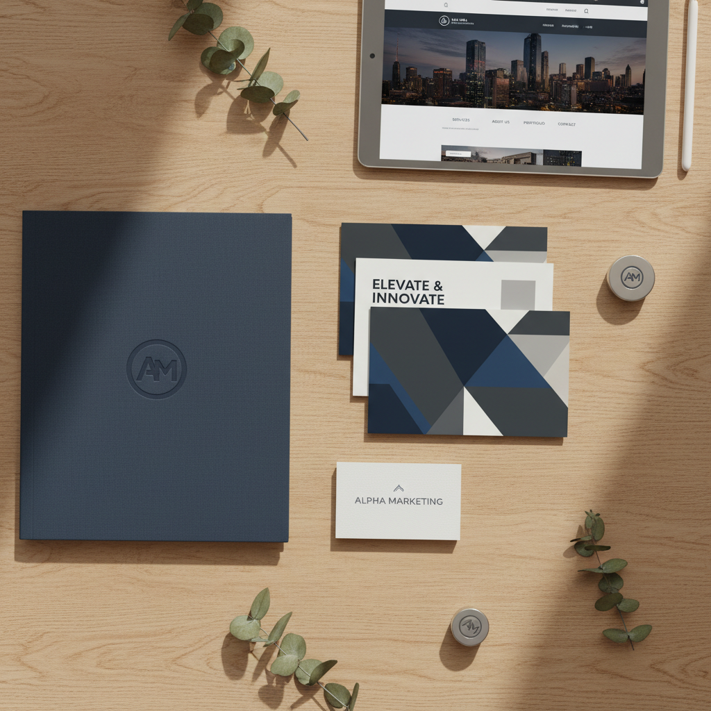 An elegant flat lay of branded marketing materials displayed on a warm, light oak tabletop: a crisp navy-blue presentation folder with a debossed logo, glossy campaign postcards with bold typography, a minimalist white business card with subtle spot-gloss accents, and a tablet showing a polished website homepage. A muted color palette of deep blues, soft grays, and warm whites keeps the scene refined. Overhead, diffused natural light from a skylight illuminates the textures of paper, metal, and glass, creating soft, even shadows. Photographic realism with a top-down composition emphasizes organization and clarity. The mood is professional and thoughtful, conveying the process of transforming ideas into tangible, cohesive brand stories for a marketing portfolio.